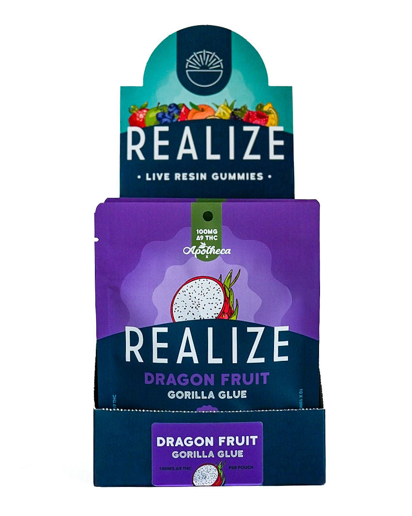 Realize live resin gummies Dragon Fruit Gorilla Glue 100mg Delta-9 THC wholesale display box with countertop retail packaging