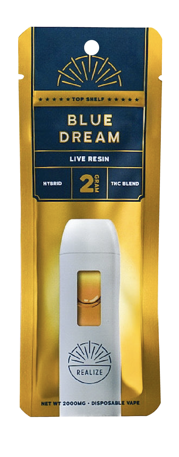 Top Shelf Realize Blue Dream live resin disposable vape 2 gram THC blend hybrid in gold retail packaging