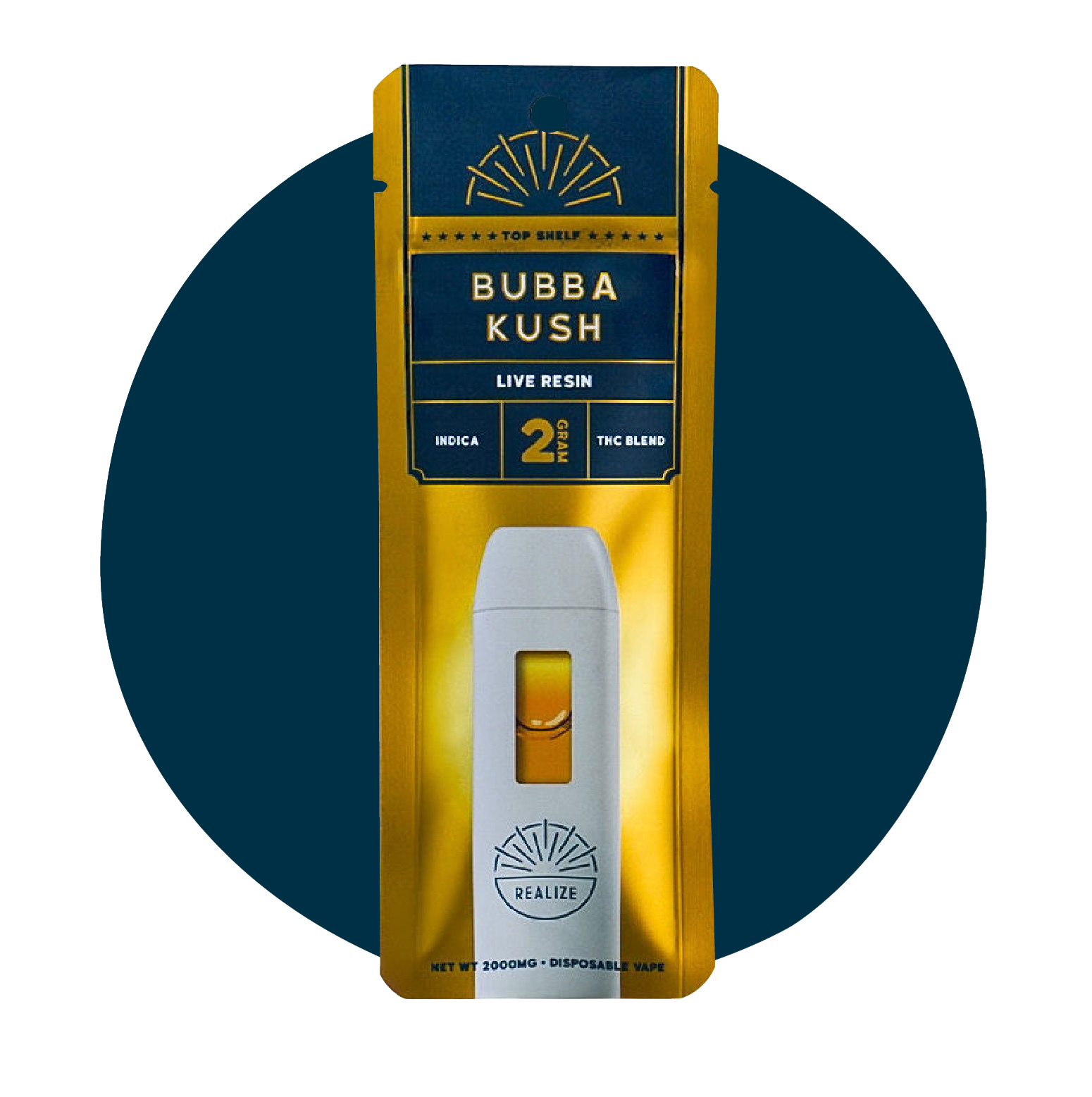 Realize Top Shelf Bubba Kush live resin disposable vape 2 gram THC blend indica in gold retail packaging