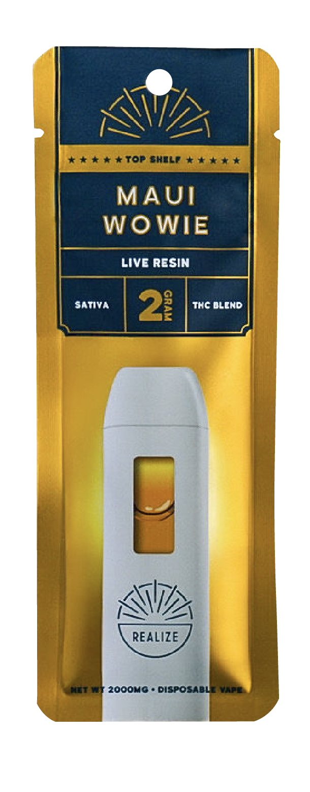 Realize Maui Wowie live resin disposable vape 2 gram THC blend sativa in gold retail packaging