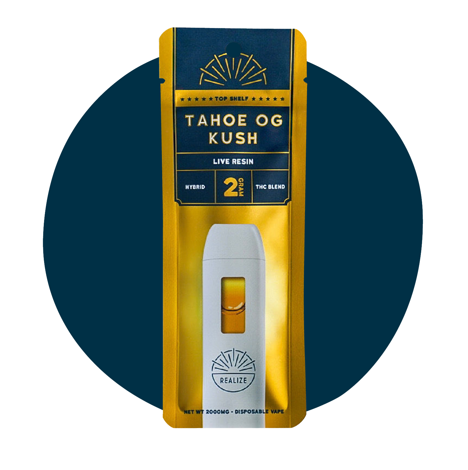 Realize Top Shelf Tahoe OG Kush live resin disposable vape 2 gram THC blend hybrid top shelf product in gold retail packaging