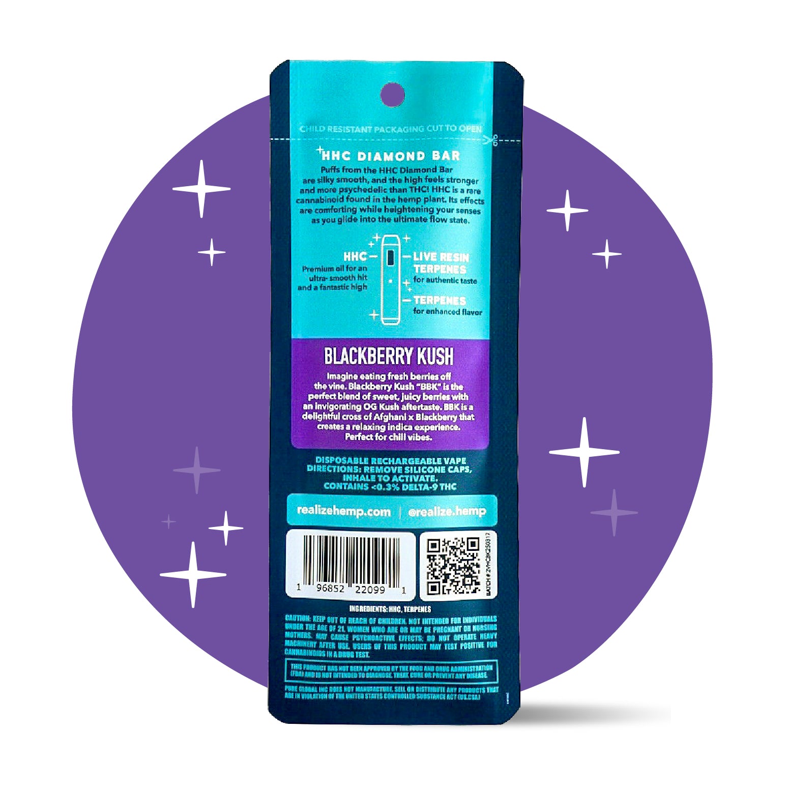 Back of Realize Blackberry Kush HHC Diamond Bar disposable vape packaging showing product description, usage instructions, ingredients, QR code, and barcode on teal and purple design