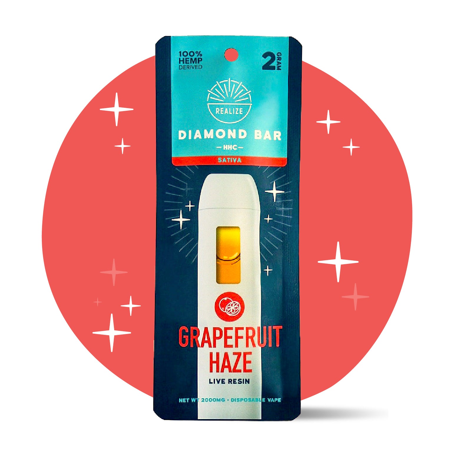 Realize Grapefruit Haze HHC Diamond Bar disposable vape packaging front, sativa strain with live resin, 2 gram vape featuring white device and red grapefruit-themed design