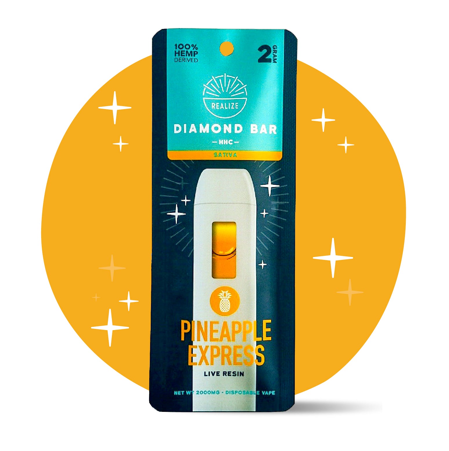 Realize Pineapple Express HHC Diamond Bar disposable vape packaging front, sativa strain with HHC and live resin, 2 gram disposable vape with white device and yellow accents