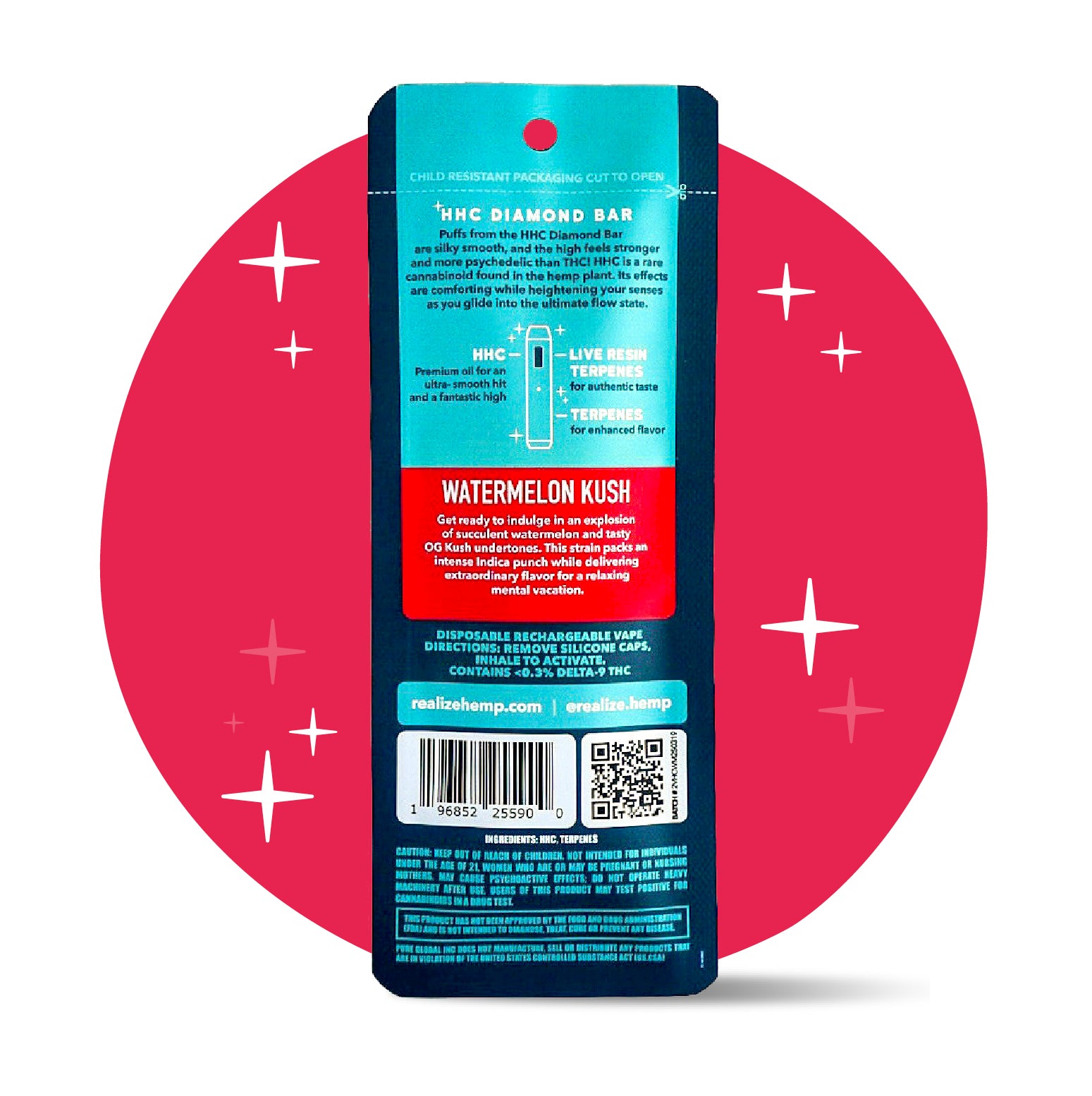 Back of Realize Watermelon Kush HHC Diamond Bar disposable vape packaging showing product description, usage instructions, barcode, QR code, and hemp-derived THC disclaimer on teal and red packaging