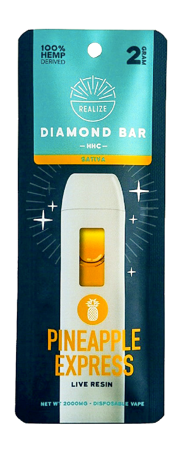 Realize Pineapple Express HHC Diamond Bar disposable vape packaging front, sativa strain with HHC and live resin, 2 gram disposable vape with white device and yellow accents