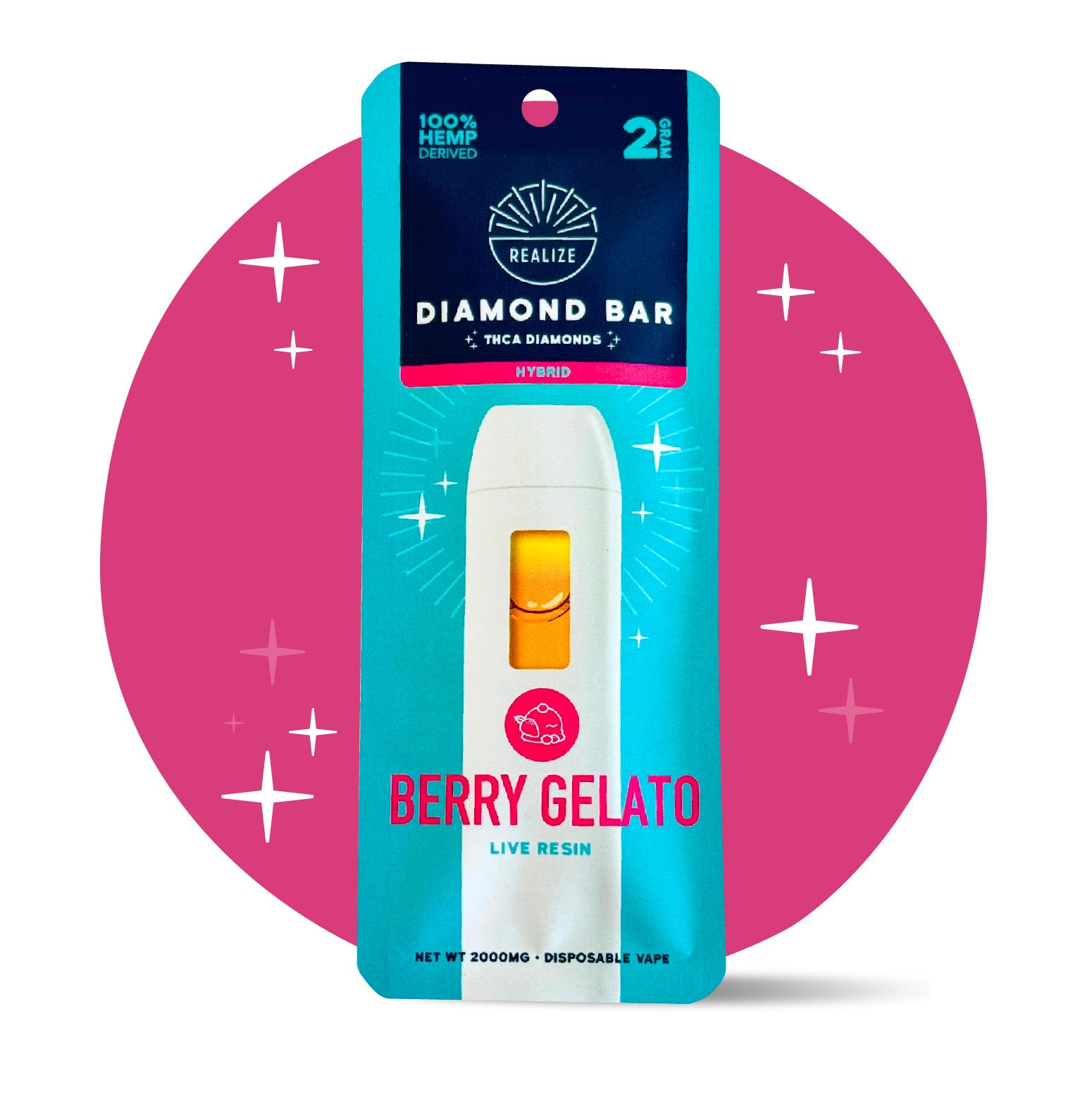 Realize Berry Gelato Diamond Bar disposable vape packaging front, hybrid strain with THCA diamonds and live resin, 2 gram disposable vape with white device and pink accents