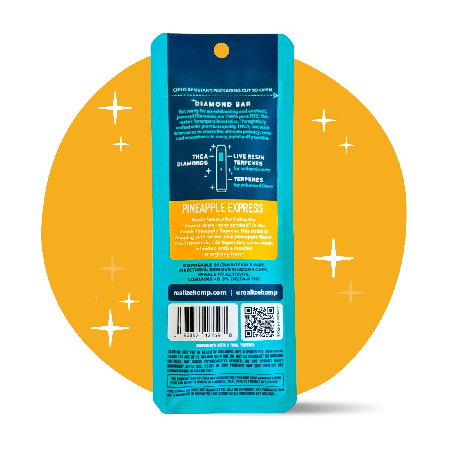 Back of Realize Pineapple Express Diamond Bar disposable vape packaging showing strain description, usage instructions, barcode, QR code, and hemp-derived THC disclaimer on teal and yellow packaging