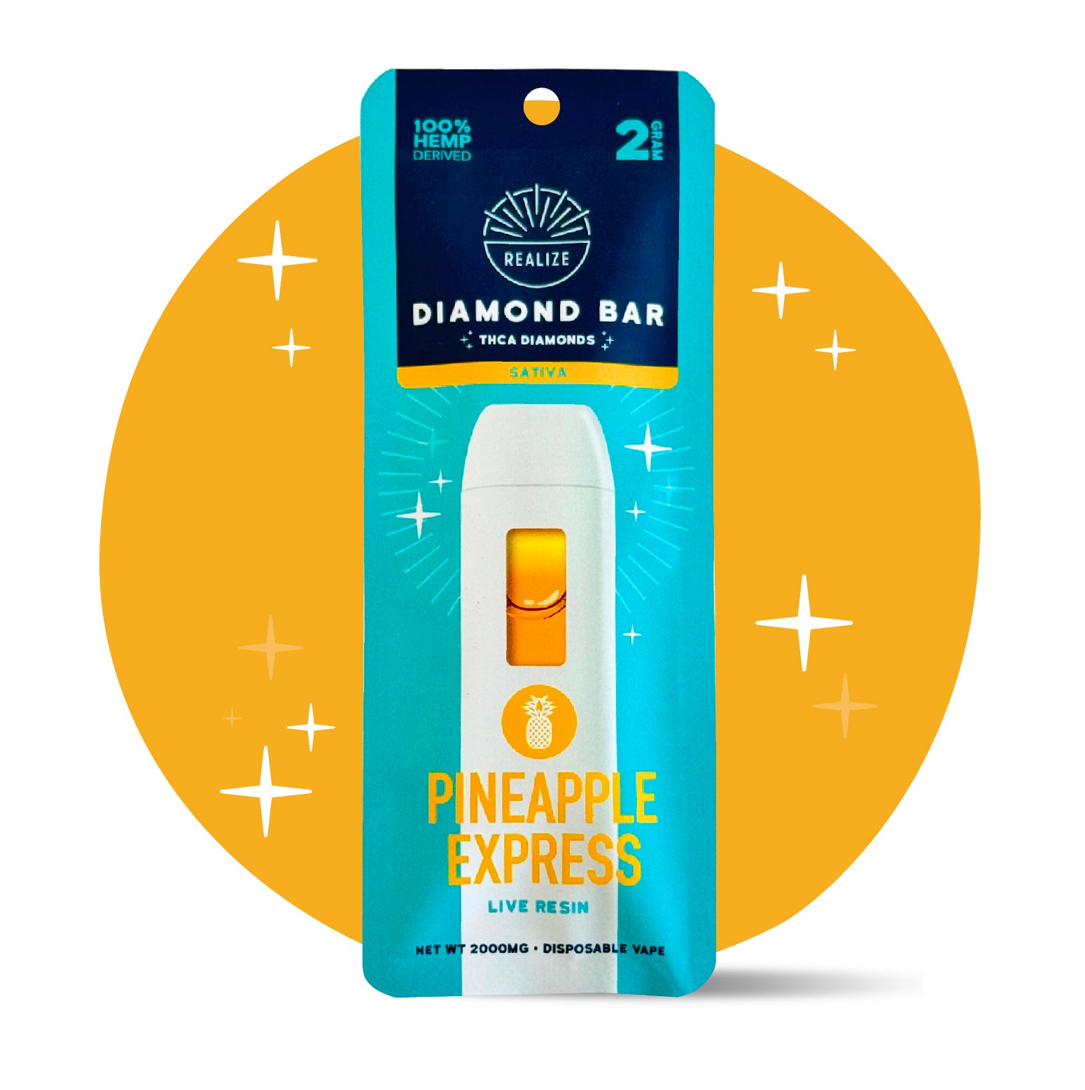 Realize Pineapple Express Diamond Bar disposable vape packaging front, sativa strain with THCA diamonds and live resin, 2 gram disposable vape with white device and yellow accents