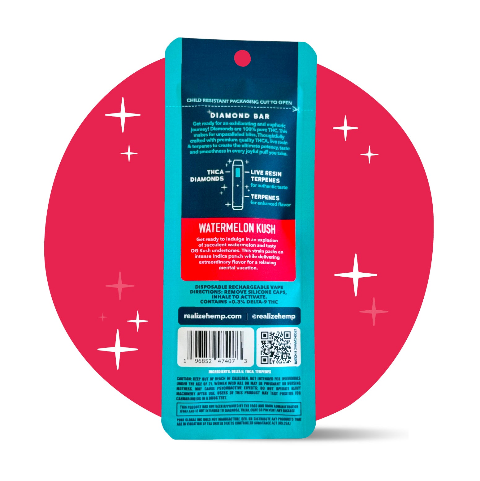 Back of Realize Watermelon Kush THCA Diamond Bar disposable vape packaging showing product description, usage instructions, ingredients, QR code, and barcode on teal and red design