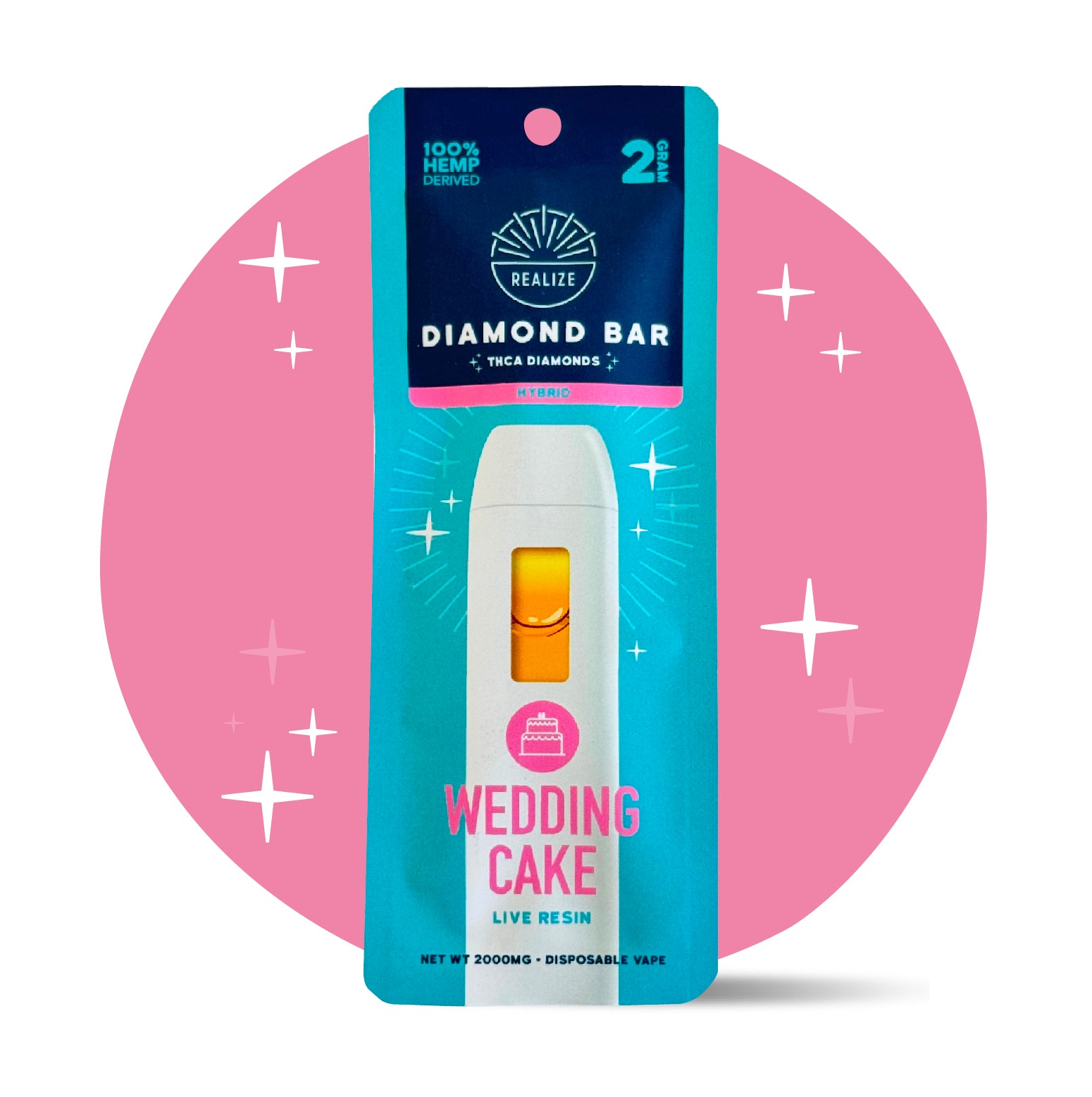Realize Wedding Cake Diamond Bar disposable vape packaging front, hybrid strain with THCA diamonds and live resin, 2 gram disposable vape with white device and pink accents
