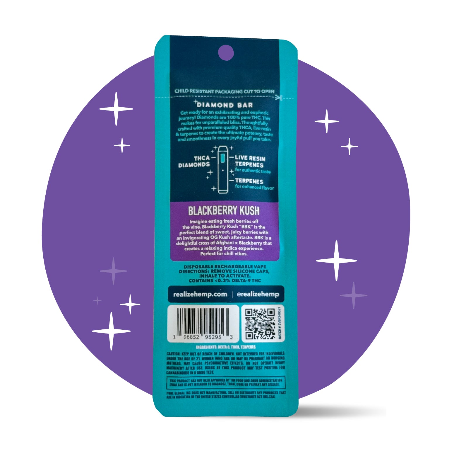 Back of Realize Blackberry Kush THCA Diamond Bar disposable vape packaging showing product description, usage instructions, ingredients, QR code, and barcode on teal and purple design