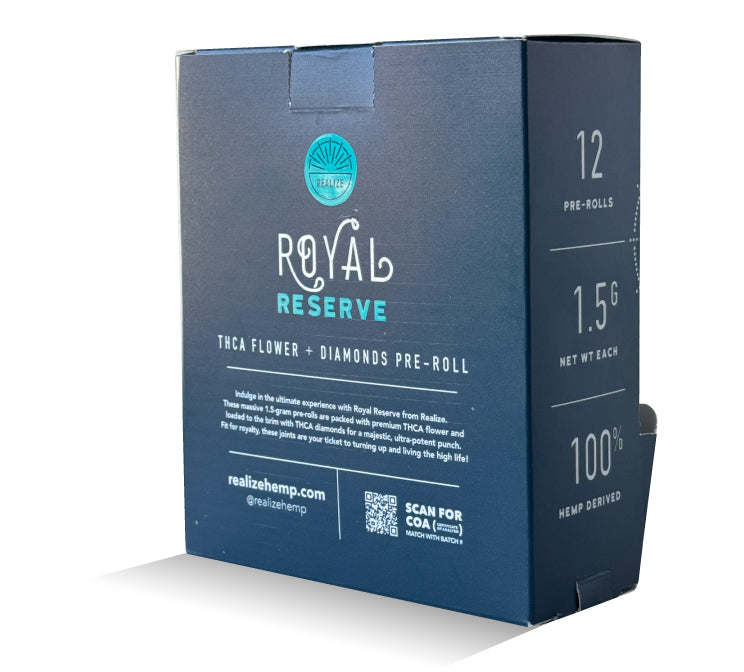Realize Royal Reserve THCA flower pre-rolls wholesale display box with 12 premium 1.5g hemp-derived pre-rolls