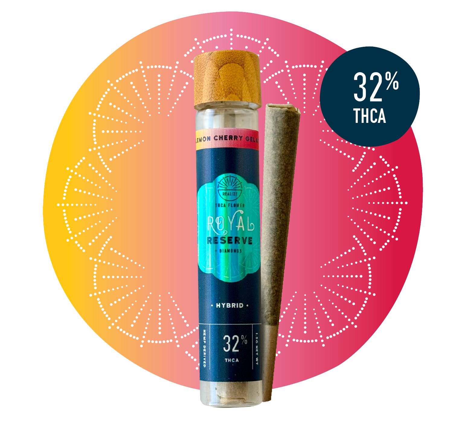 Realize Royal Reserve Lemon Cherry Gelato hybrid THCA flower pre-roll with 32% THCA in glass tube with wooden cap