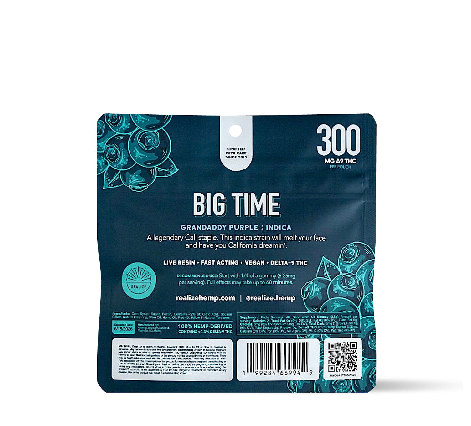 Back of Realize BIG TIME blueberry granddaddy purple indica live resin gummies 300mg Delta-9 THC pouch with ingredients and dosage information