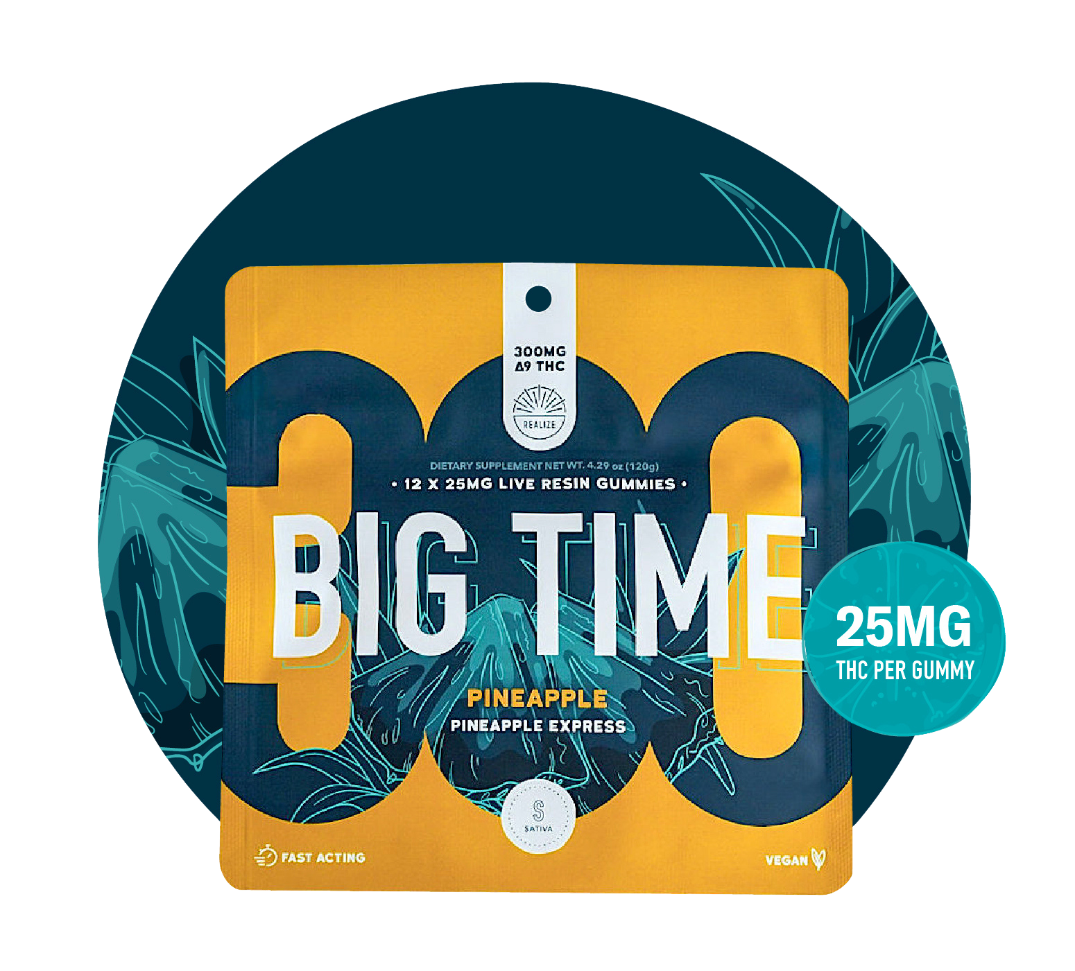 Realize BIG TIME pineapple express sativa live resin gummies 300mg Delta-9 THC pouch with 25mg THC per gummy