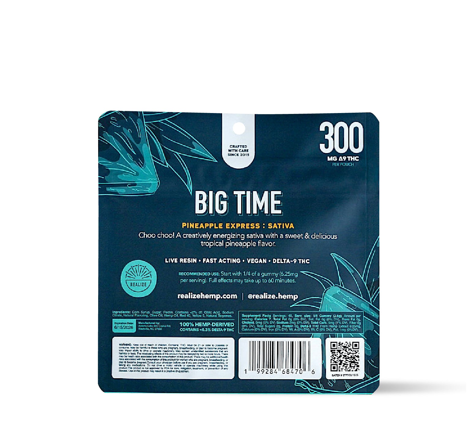 Back of Realize BIG TIME pineapple express sativa live resin gummies 300mg Delta-9 THC pouch with ingredients and dosage information