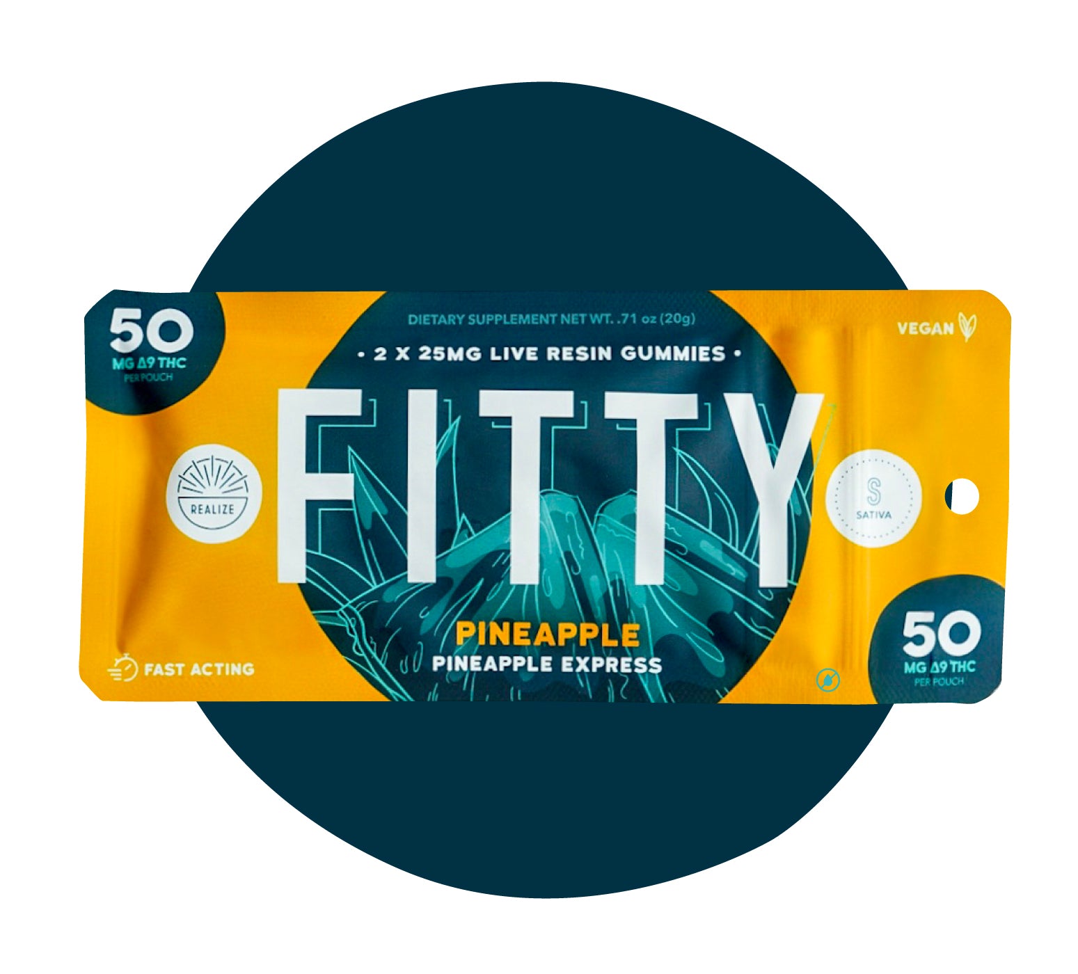 Realize DYE FREE FITTY Pineapple Express live resin gummies sativa with 50mg Delta-9 THC per pouch