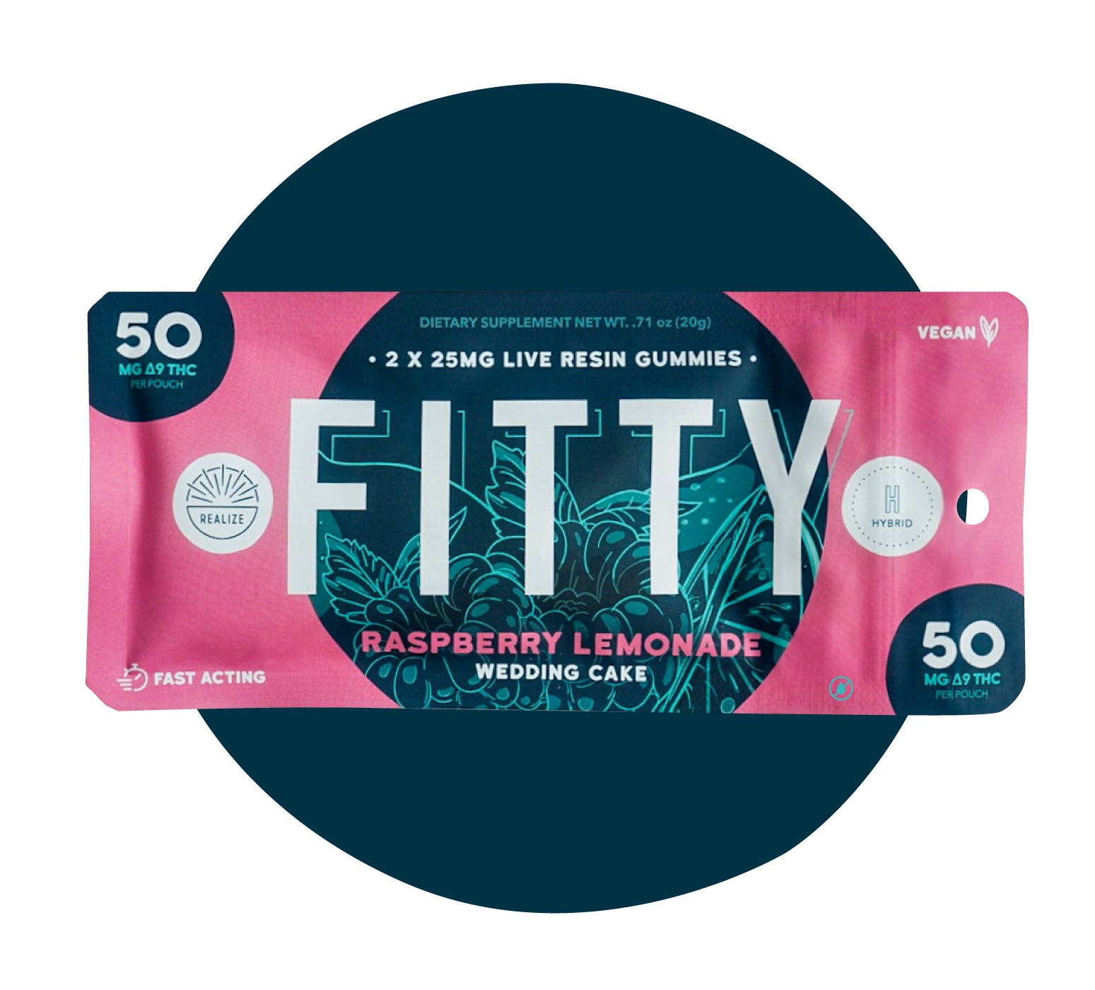 Realize DYE FREE FITTY raspberry lemonade Wedding Cake live resin gummies hybrid with 50mg Delta-9 THC per pouch