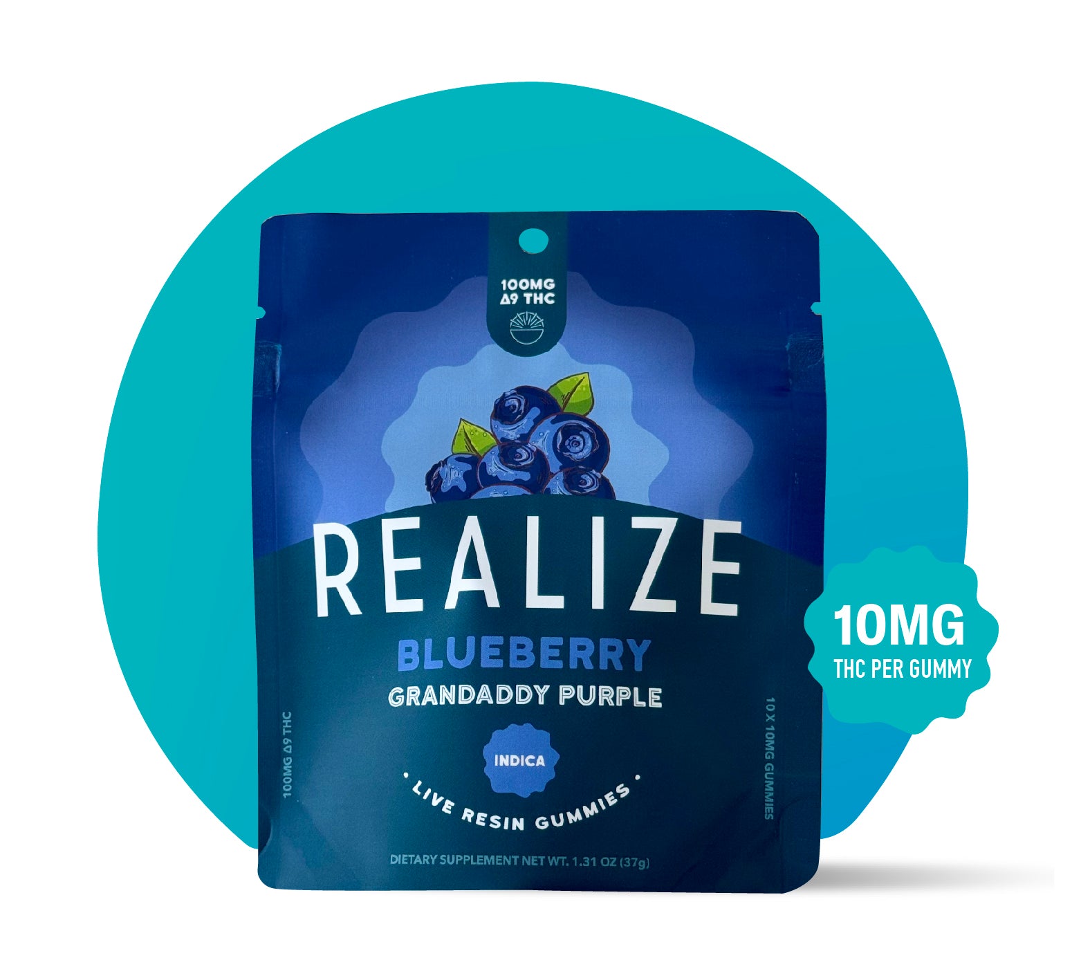 Realize Blueberry Granddaddy Purple live resin gummies packaging front, indica strain with blueberry illustration and 10mg THC per gummy label on dark blue pouch
