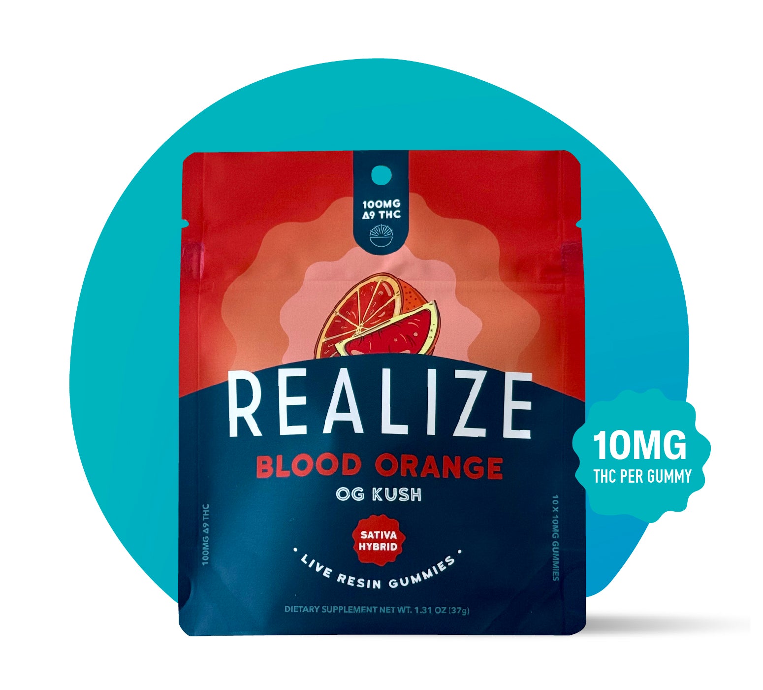 Realize Blood Orange OG Kush live resin gummies packaging front, sativa hybrid strain with blood orange illustration and 10mg THC per gummy label on red and blue pouch
