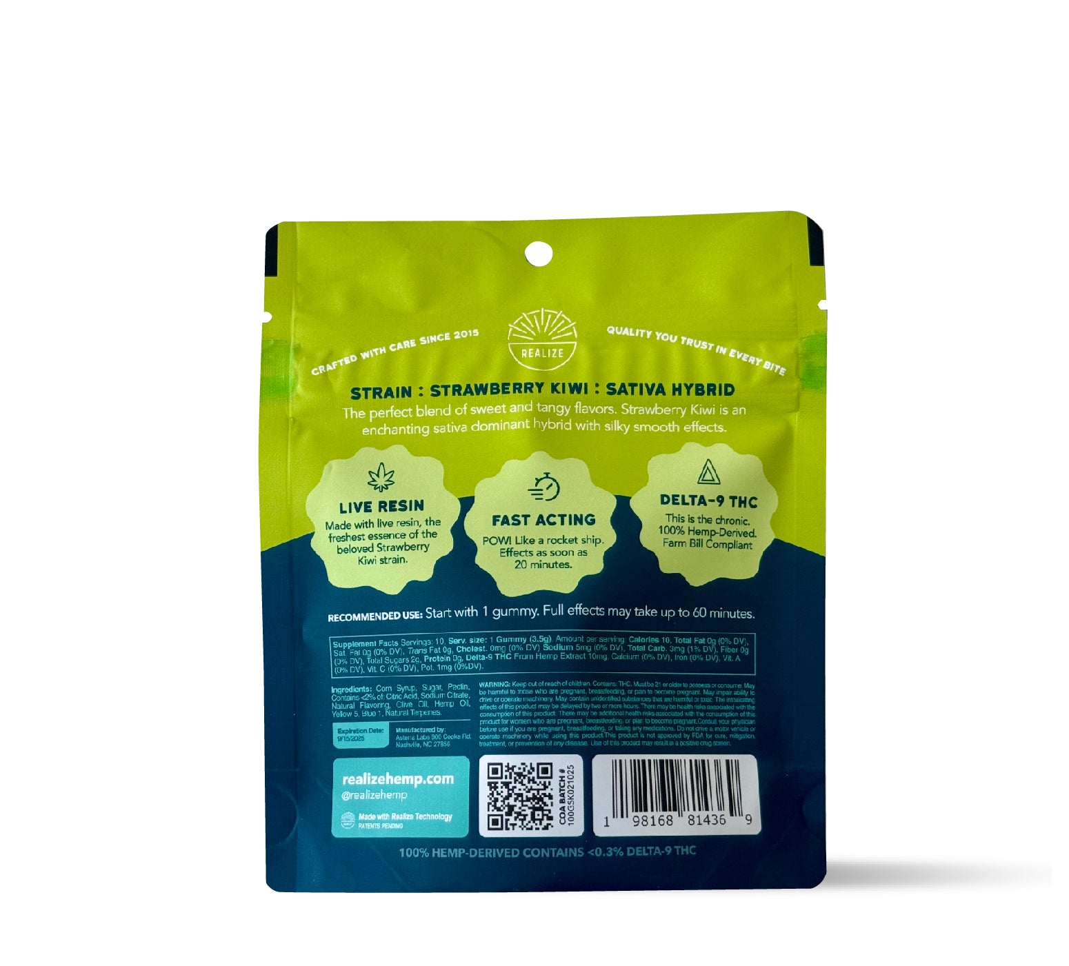 Realize Strawberry Kiwi live resin gummies sativa hybrid packaging back panel with strain details, live resin, fast acting, Delta-9 THC information, ingredients, barcode, and QR code