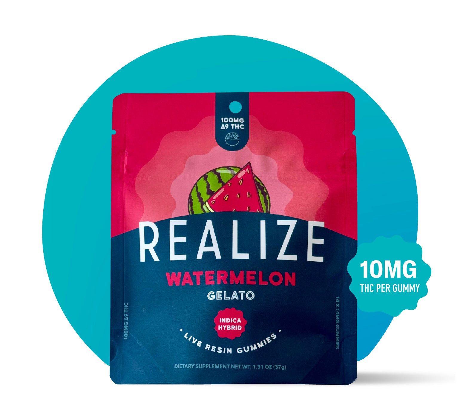Realize Watermelon Gelato live resin gummies packaging front, indica hybrid strain with watermelon illustration and 10mg THC per gummy label on red and blue pouch