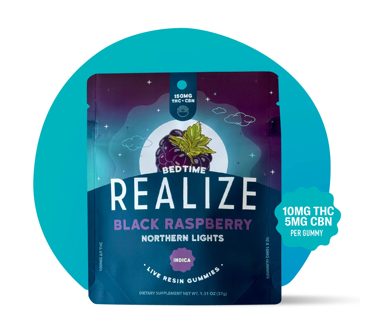 Realize Bedtime Black Raspberry Northern Lights live resin gummies indica packaging with 10mg THC and 5mg CBN per gummy