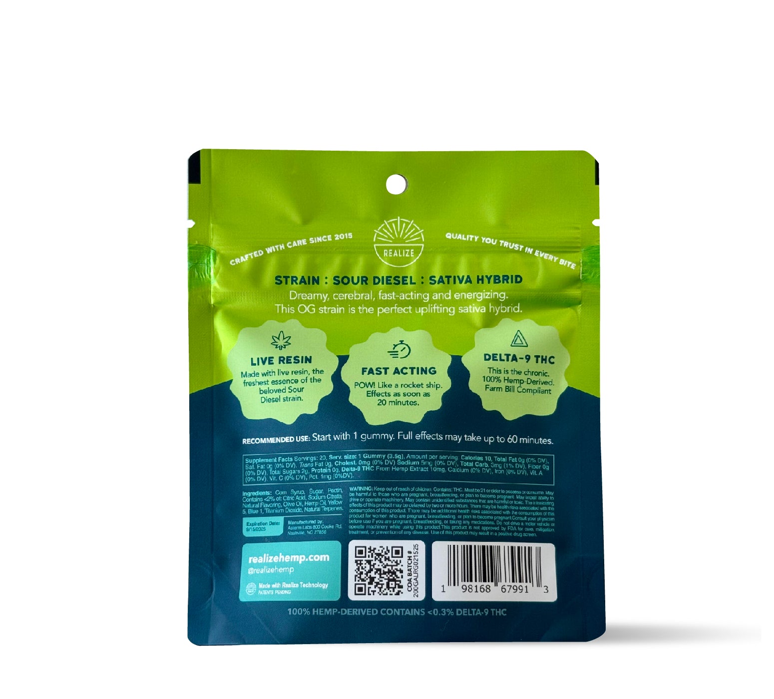 Realize Green Apple Sour Diesel live resin gummies packaging back panel with strain details, live resin, fast acting effects, Delta-9 THC info, ingredients, barcode, and QR code