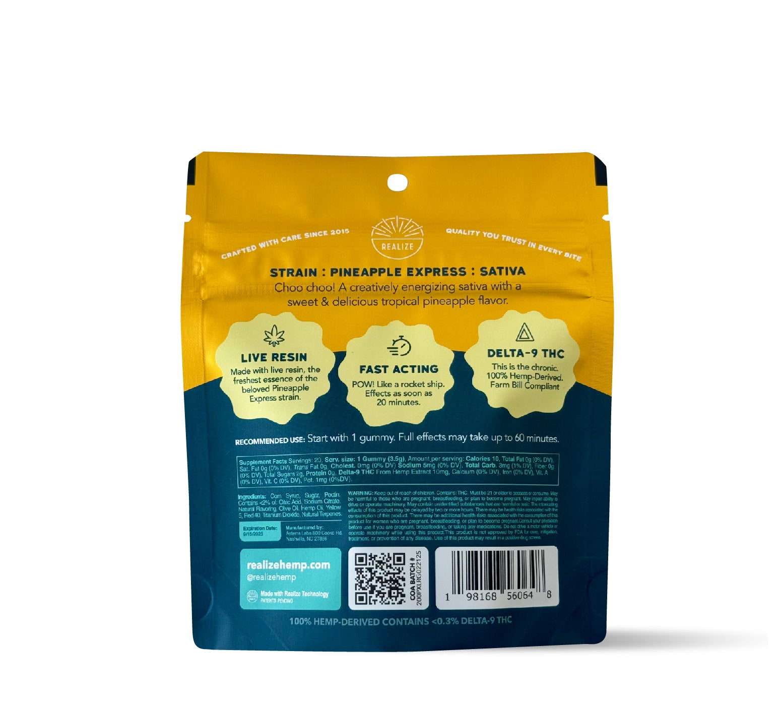 Realize Pineapple Express live resin gummies packaging back panel with strain details, live resin, fast acting effects, Delta-9 THC info, ingredients, barcode, and QR code