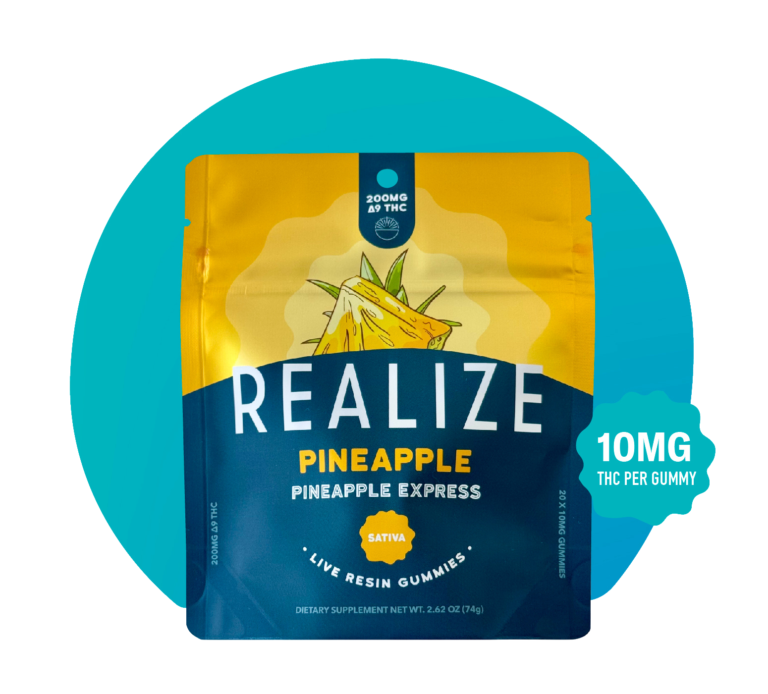 Realize Pineapple Express live resin gummies sativa packaging with 10mg THC per gummy and 200mg Delta-9 THC total