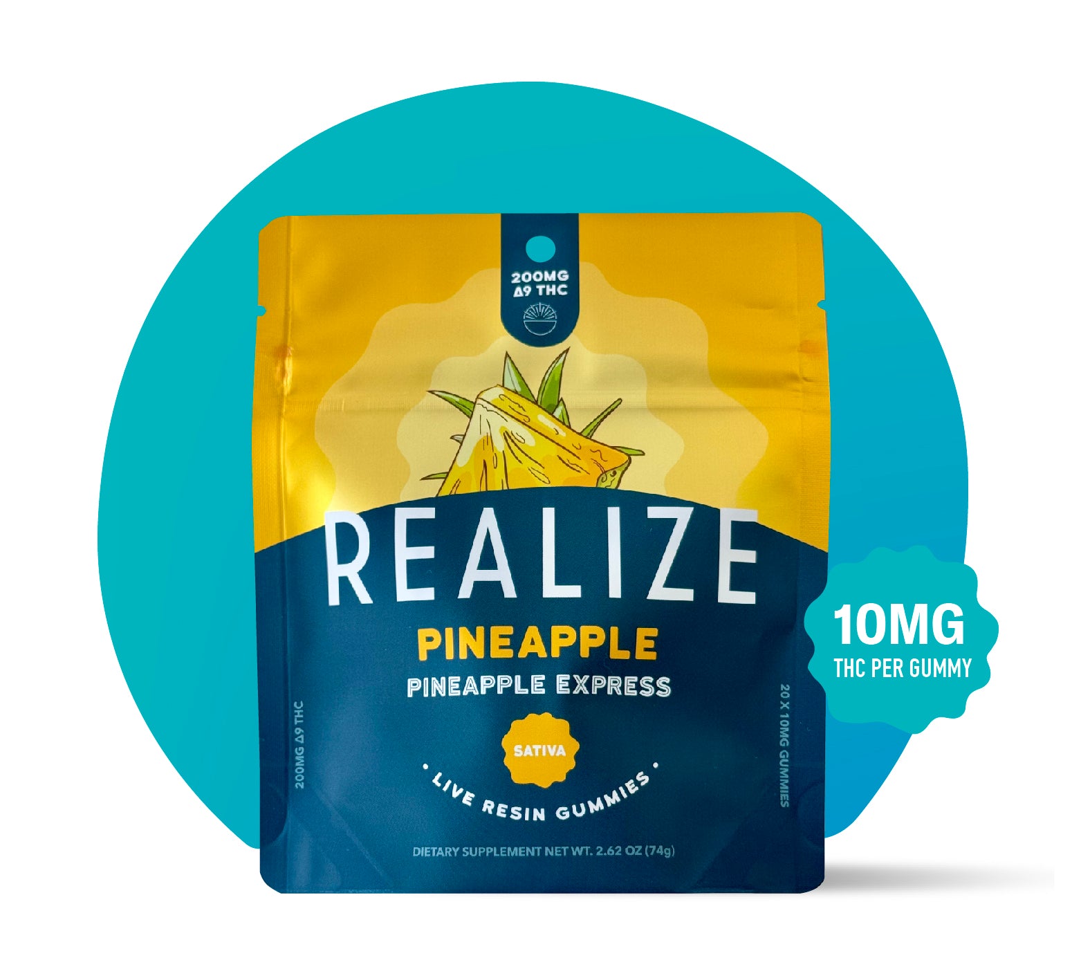 Realize Pineapple Express live resin gummies sativa packaging with 10mg THC per gummy and 200mg Delta-9 THC total