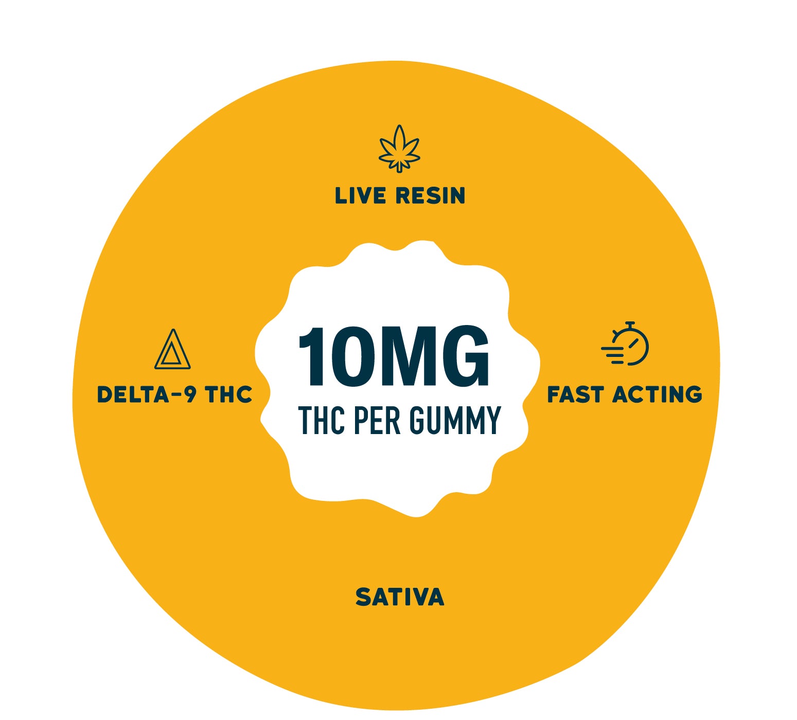 Graphic on a bright orange background with a central badge reading “10MG THC per gummy.” Surrounding text and icons highlight “Live Resin,” “Delta-9 THC,” “Fast Acting,” and “Sativa.”