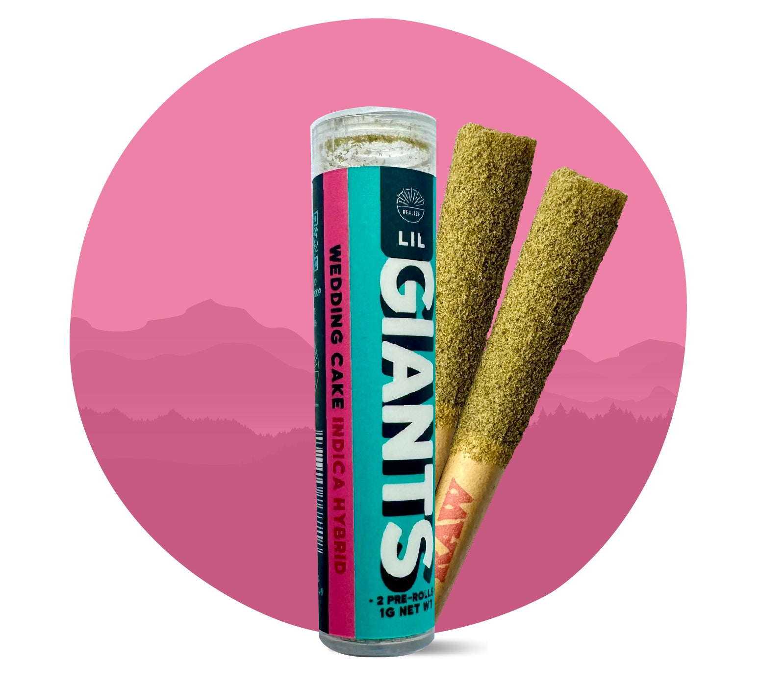 Realize Lil Giants Wedding Cake indica hybrid 29% THCA pre-rolls with tube packaging and two infused hemp joints