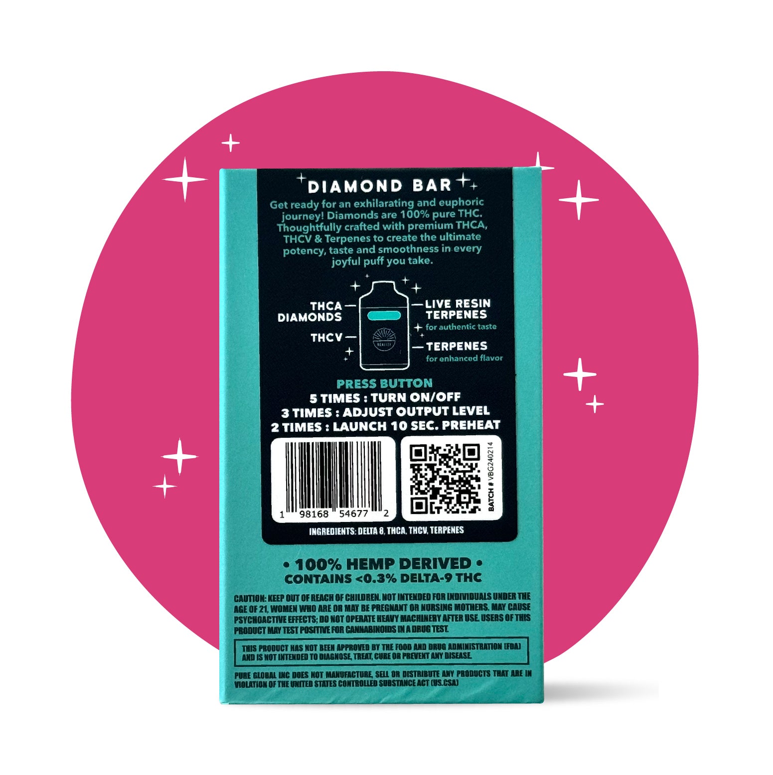 Realize Berry Gelato Diamond Bar disposable vape packaging back panel listing THCA diamonds, THCV, live resin terpenes, usage instructions, barcode, and hemp-derived warning