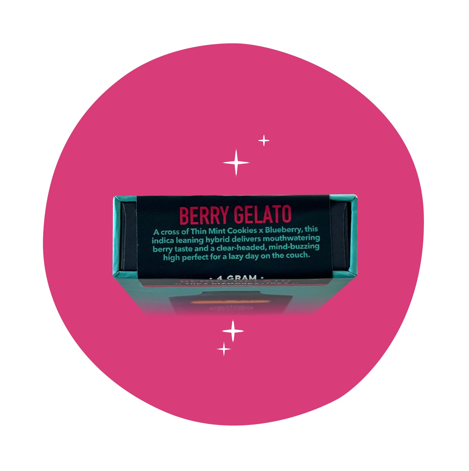 Realize Berry Gelato disposable vape packaging side panel describing hybrid strain cross of Thin Mint Cookies and Blueberry with berry flavor profile