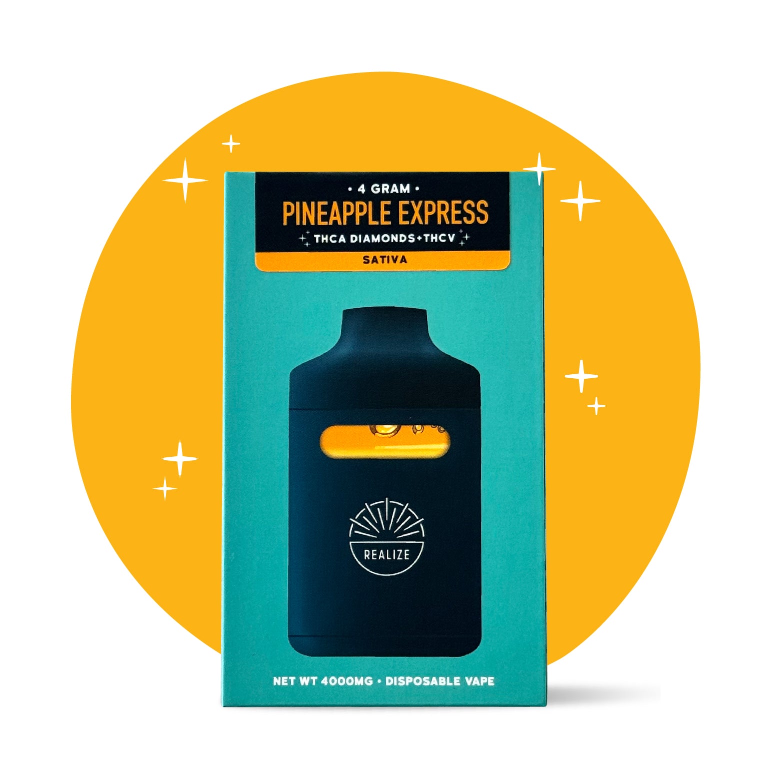 Realize Pineapple Express disposable vape packaging front, sativa strain with THCA diamonds and THCV, 4 gram disposable vape with device illustration