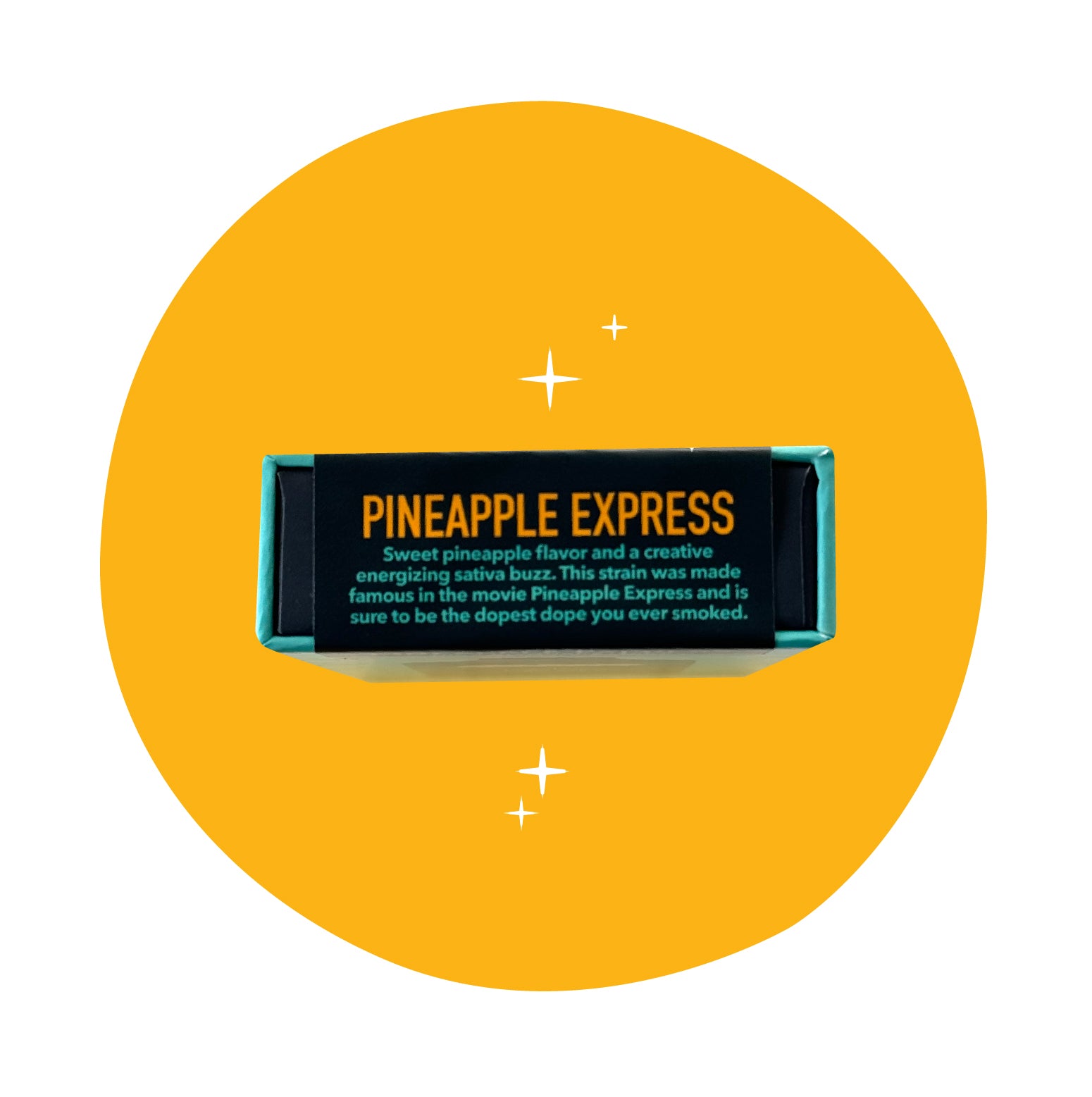 Top view of Realize Pineapple Express vape packaging showing flavor description: sweet pineapple taste with energizing sativa effects, teal box on orange background