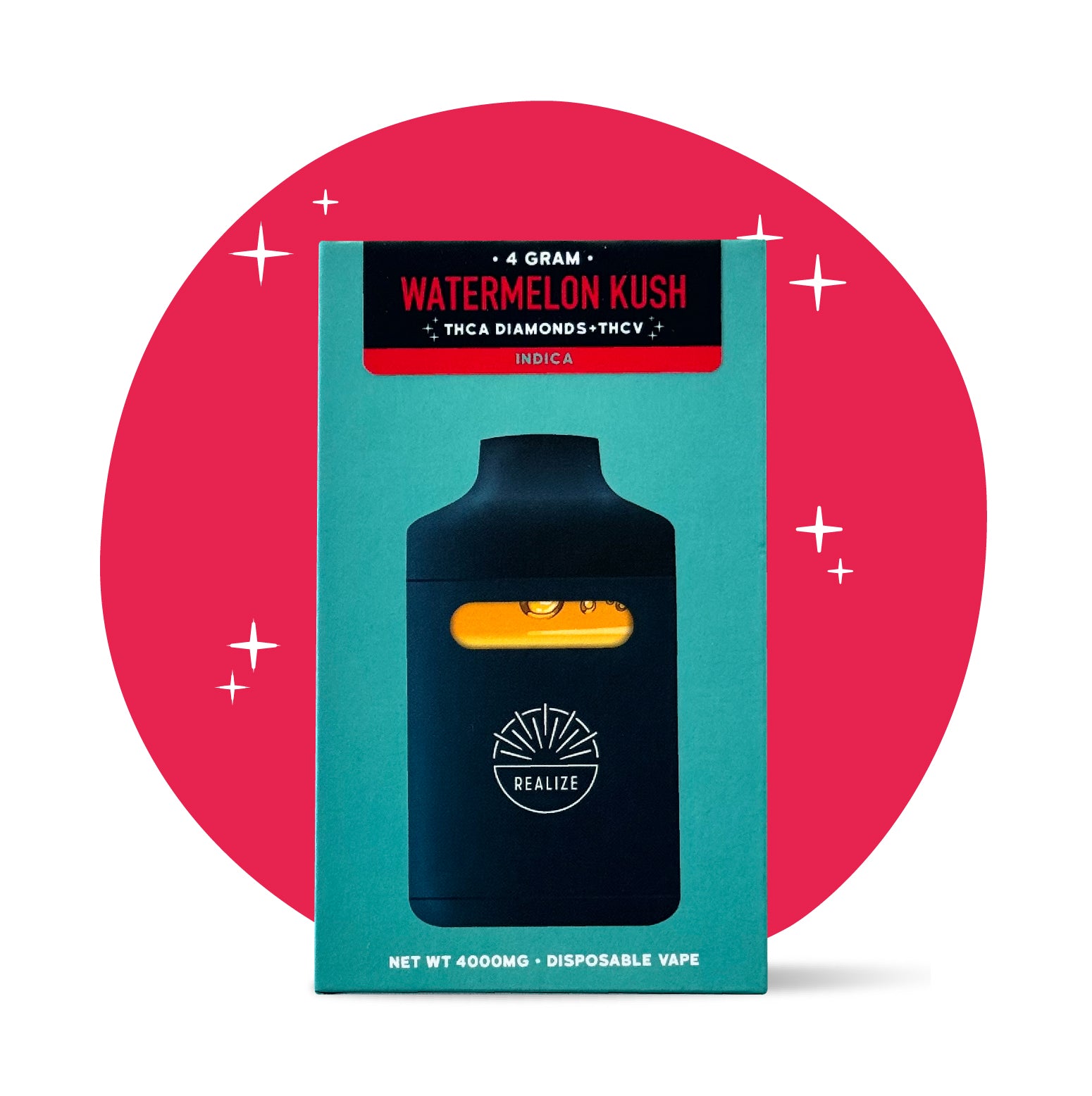 Realize Watermelon Kush 4 gram disposable vape with THCA diamonds and THCV, indica strain packaging with device displayed on the front
