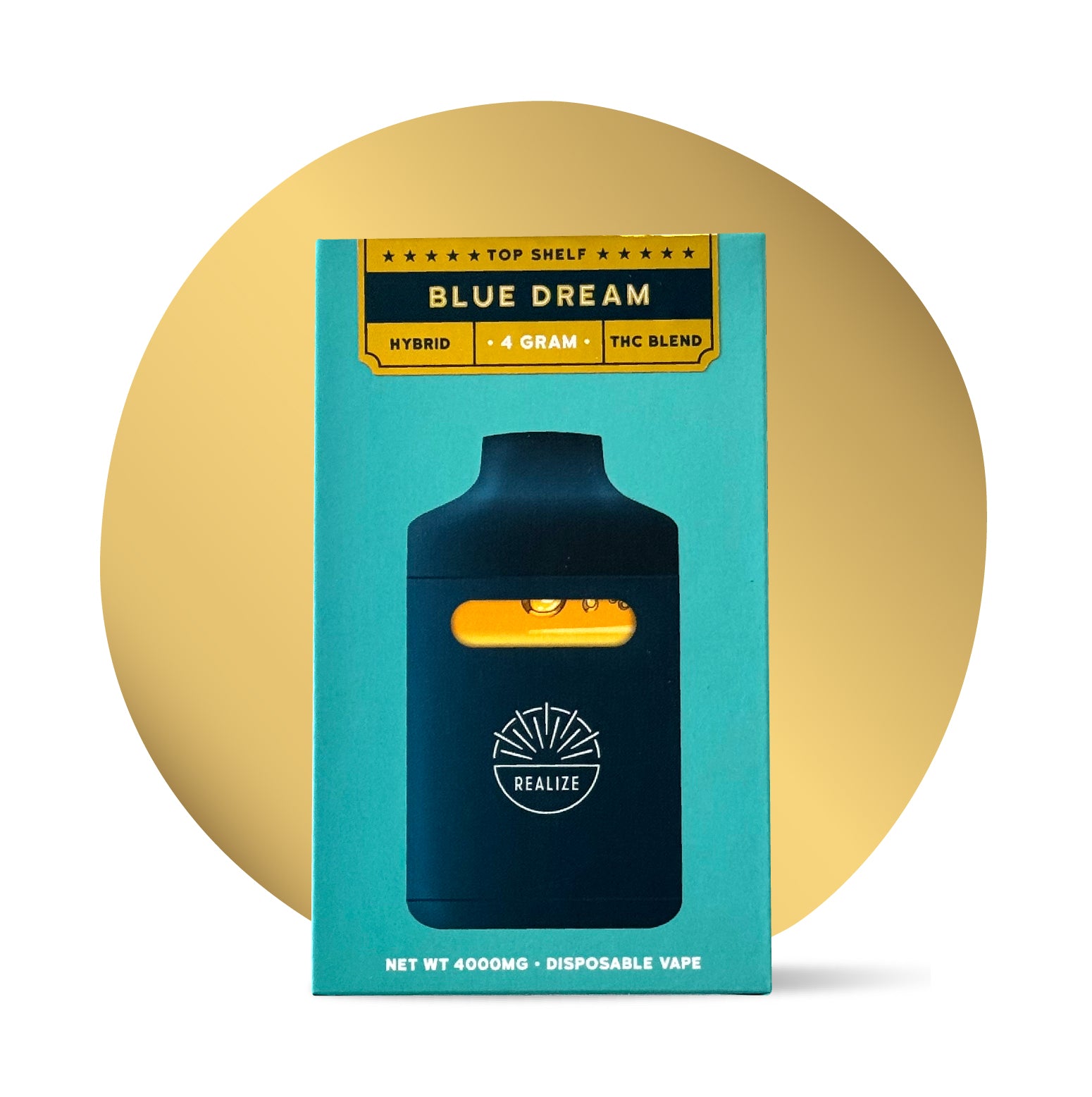 Realize Blue Dream Top Shelf 4 gram disposable vape, hybrid THC blend packaging with device displayed on the front