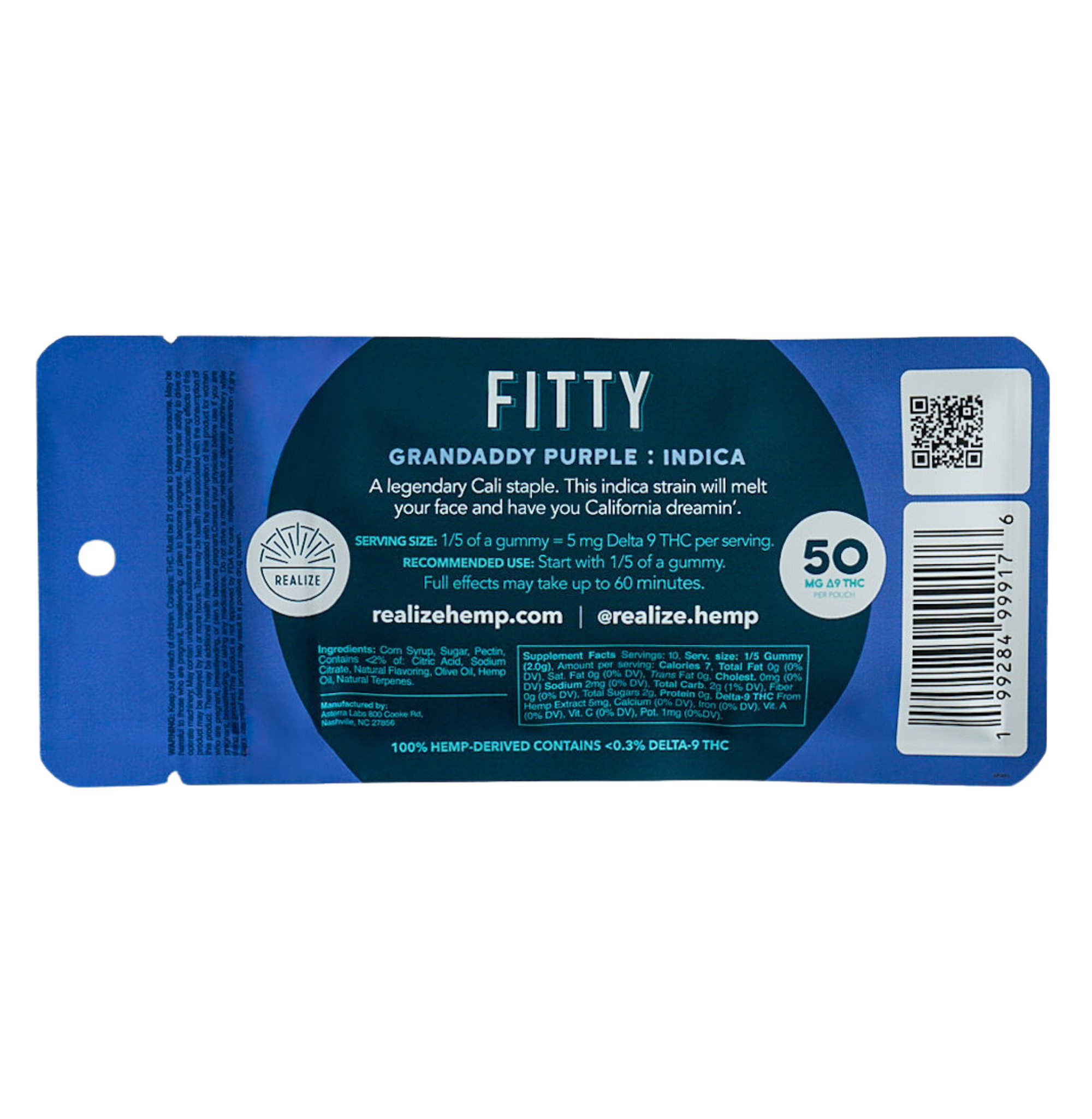 Back of Realize FITTY blueberry Granddaddy Purple indica live resin gummies packaging showing dosage, ingredients, and QR code