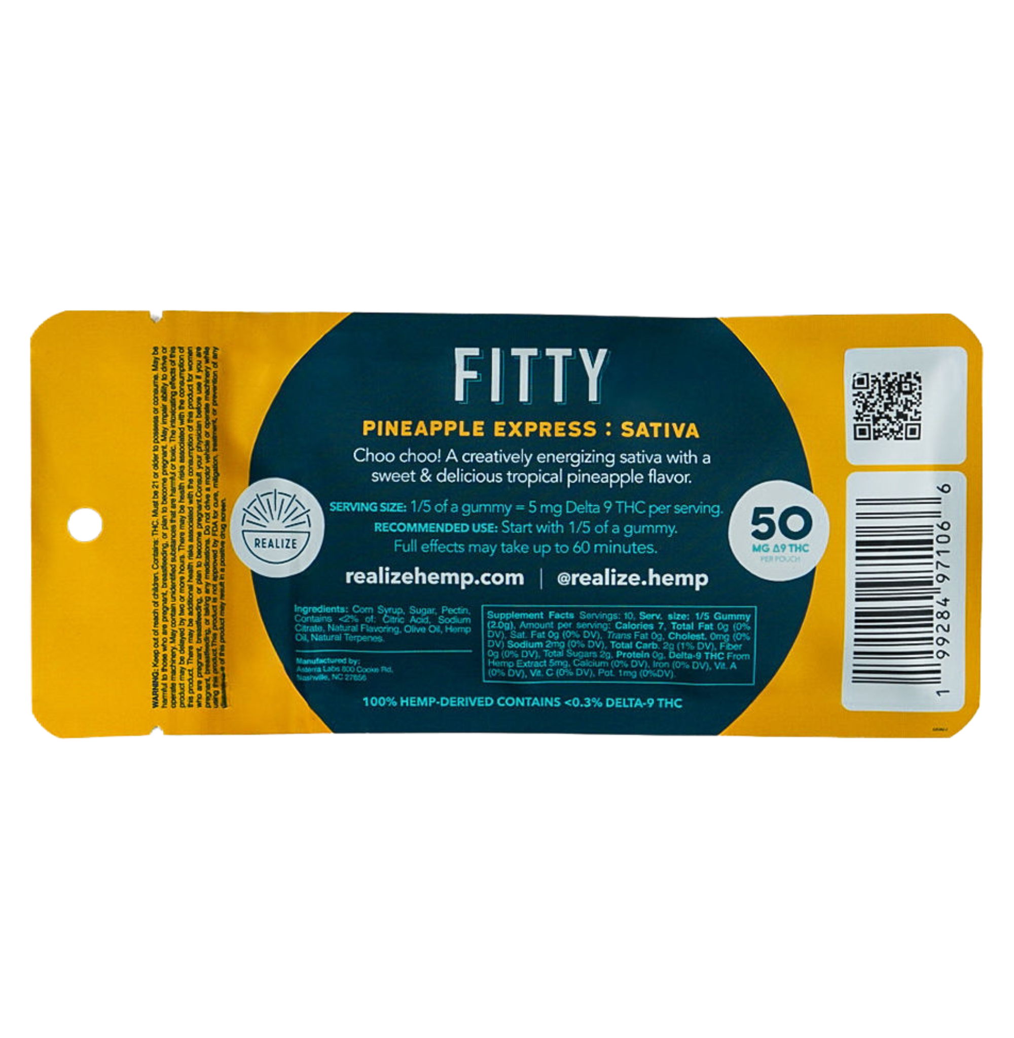 Back of Realize FITTY Pineapple Express sativa live resin gummies packaging showing dosage, ingredients, and QR code