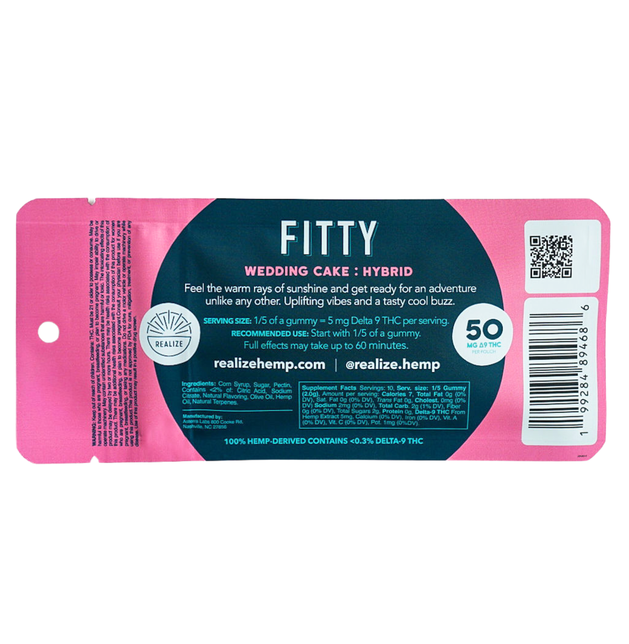 Back of Realize FITTY raspberry lemonade Wedding Cake hybrid live resin gummies packaging showing dosage, ingredients, and QR code